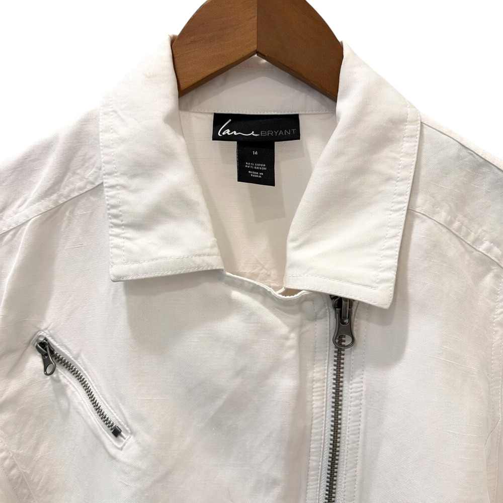 Lane Bryant Linen Moto Jacket Womens 14 White Biker Full Zip Pockets Short - Picture 2 of 10